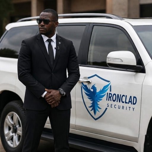 Ironclad close protection officer standing beside a patrol vehicle